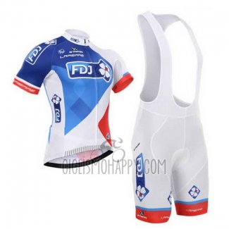 FDJ Cycling Jersey Bib Short 2015 Short Sleeve White and Blue