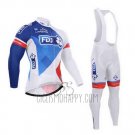 FDJ Cycling Jersey Bib Tight 2015 Long Sleeve White and Blue