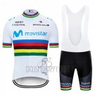 UCI Mondo Campione Movistar Cycling Jersey Bib Short 2019 Men Short Sleeve White Blu