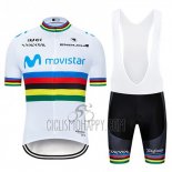 UCI Mondo Campione Movistar Cycling Jersey Bib Short 2019 Men Short Sleeve White Blu