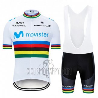 UCI Mondo Campione Movistar Cycling Jersey Bib Short 2019 Men Short Sleeve White Blu