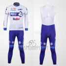 FDJ Cycling Jersey Bib Tight 2012 Long Sleeve White and Sky Blue