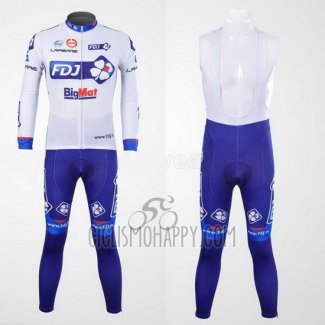 FDJ Cycling Jersey Bib Tight 2012 Long Sleeve White and Sky Blue
