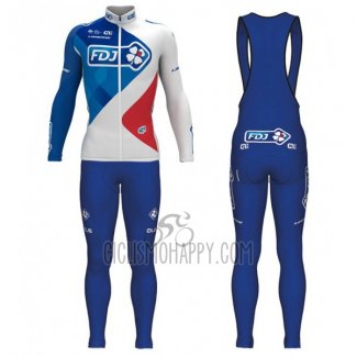 FDJ Cycling Jersey Bib Tight 2017 Long Sleeve Blue and White