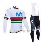 UCI Mondo Campione Movistar Cycling Jersey Bib Tight 2020 Men Long Sleeve White Blu