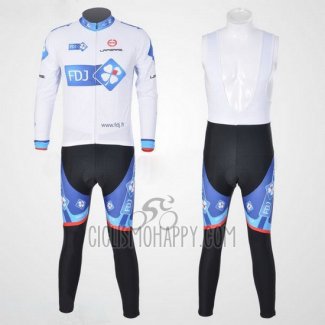 FDJ Cycling Jersey Bib Tight 2010 Long Sleeve White and Sky Blue